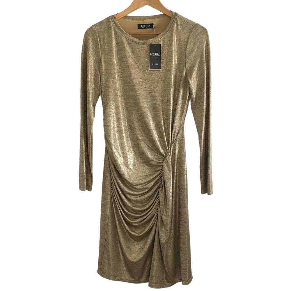 Lauren Ralph Lauren Womens Midi Dress Gold Side Rouch Solid Knee NWT